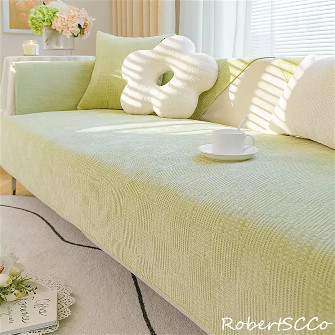 Plaid Sofa Cover Simple Solid Color Slipcover Antislip Couch Cover