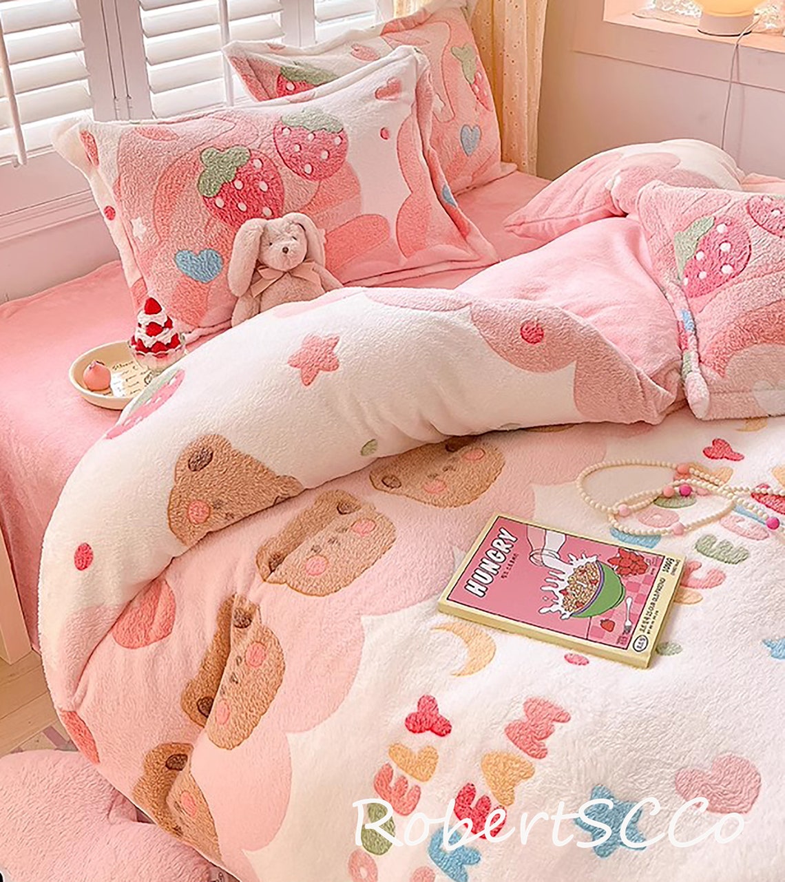 Baby Pink Strawberry Bedding Set Cute Milk Velvet Duvet Cover Set US