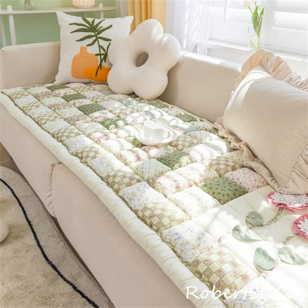 Country Style Patchwork Sofa Cover Green Pink Tiny Flower Slipcover for