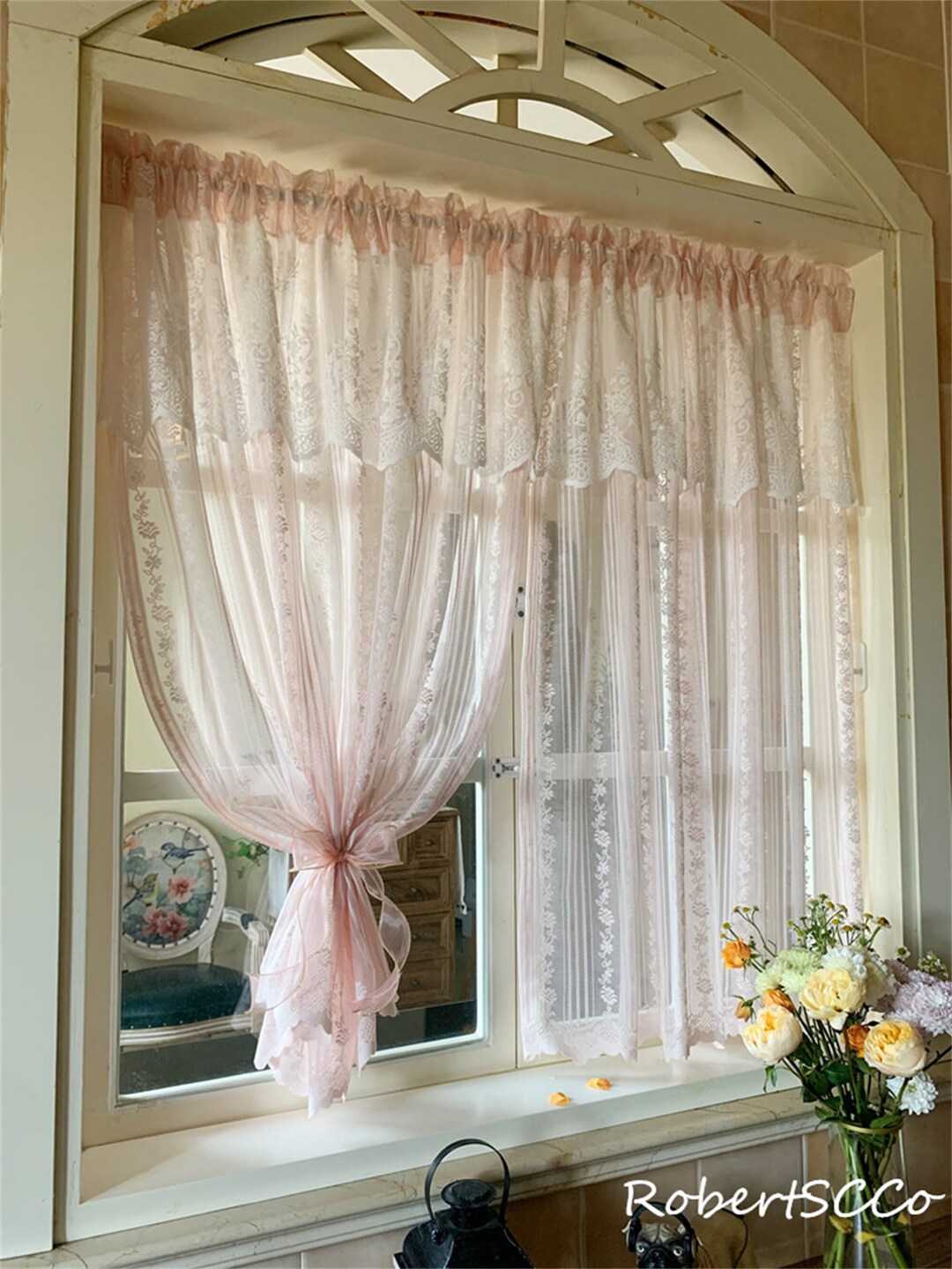 Vintage Sheer Floral Lace Curtain With Valance Rod Pocket Curtain ...