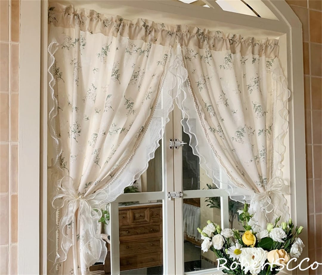 Country Style Floral Curtain With Beading Ruffles Rod Pocket Curtain