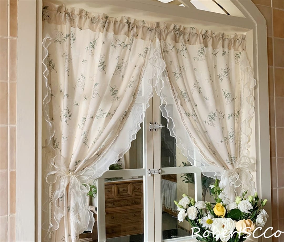 Country Style Floral Curtain With Beading Ruffles Rod Pocket Curtain ...