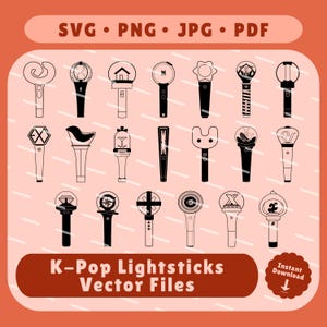 May include: A collection of black and white K-Pop lightstick vector files. The image includes various designs, each with a unique top and handle. Text at the top reads "SVG • PNG • JPG • PDF". The bottom text says "K-Pop Lightsticks Vector Files".