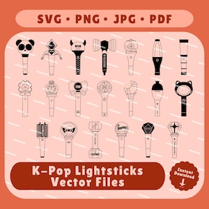 May include: A digital illustration featuring various K-Pop lightsticks in black and white. The image includes text that reads "SVG • PNG • JPG • PDF" and "K-Pop Lightsticks Vector Files". A button indicates "Instant Download".