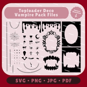 Pode incluir: Um pacote gráfico para download digital com tema de vampiro. O pacote inclui várias ilustrações em preto e branco, como sangue pingando, teias de aranha, correntes, cruzes e presas de vampiro. O texto "Toploader Deco Vampire Pack Files" é exibido na parte superior.
