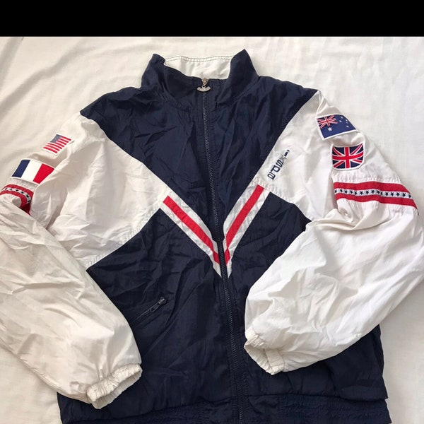 Vintage 1990s Retro Snow Ski Jacket IXSPA English Flags USA Blue Size L Large Windbreaker Jacket Skiing Snowboard Winter Full Zip White