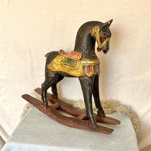 Vintage Mid Century Wooden Rocking Horse Decorative Wood Carved Farmhouse Decor Decorative Decoration Childrens Christmas Sculpture Statue