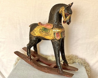 Vintage Mid Century Wooden Rocking Horse Decorative Wood Carved Farmhouse Decor Decorative Decoration Childrens Christmas Sculpture Statue