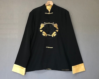 Vintage Black Satin Gold Chinese New Year Jacket Embroidered Dragon Zodiac Chinese Legend Mandarin Collar Knot Closure Tea Ceremony Chinese