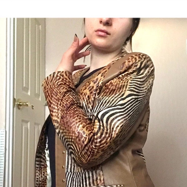 Vintage Real Leather Animal Print Jacket Size Small S Exotic Unique Zebra Cheetah Leopard Print Y2K 2000s Coat Statement Studded Stud