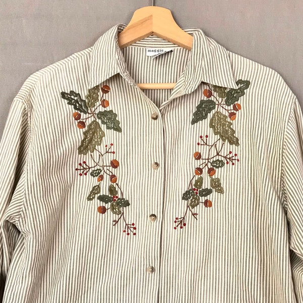 Vintage Embroidered 1990s Fall Acorn Leaves Button Down Flannel Blouse Cute Womens Pinstripe Fall Autumncore Autumn Core Size Small S Cotton