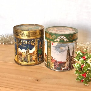 Set of 2 Metal Nuremberg E Otto Schmidt Tin Collectible Cookie Canister Decorative Decor Germany Gingerbread Lebkuchen West Germany Antique