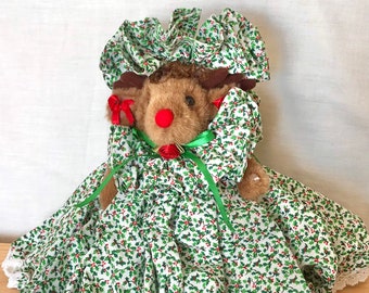 Dressed Christmas Reindeer Doll Art Doll Holiday Collectible Christmas Festive Dress Holly Shabby Chic Retro Kitschy Kitsch Red Nosed Deer