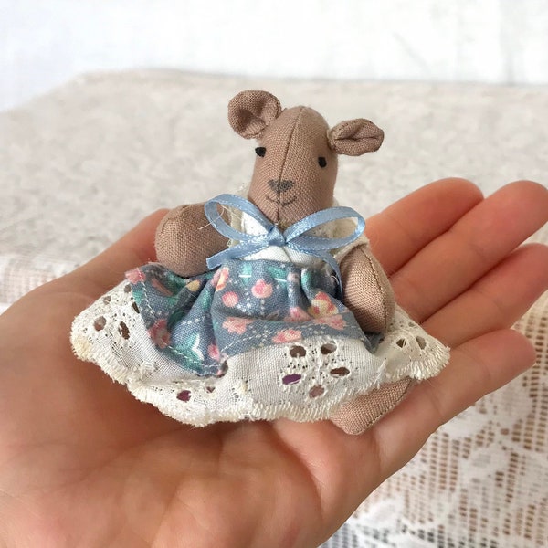 Vintage Prairie Teddy Bear Miniature Dressed Miniature Mini Tiny Rag Doll Art Doll Cotton Bunny Mouse OOAK Cottage Victorian Teddy Stuffed