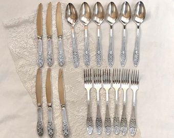 Complete Set Antique Melchior Silverware Russian USSR Silverware Set Spoons Forks Butter Knife Slavic Floral Handles Dinner Dinnerware