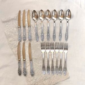 Complete Set Antique Melchior Silverware Russian USSR Silverware Set Spoons Forks Butter Knife Slavic Floral Handles Dinner Dinnerware