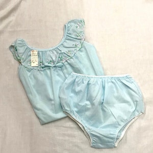 1970s Set of 2 Baby Blue Lingerie Sleep Set by Gilead Baby Doll Tank Top Sleep Shirt with Panty Shorts Floral Embroidered Embroidery