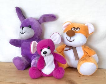 Vintage Lot of 3 Plush Stuffed Animal Sitting Goofy 1990s 90s Bear Mouse Bunny Plushie Toy Plush Cute Decor Baby Cartoon Plush Nursery
