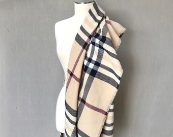 Vintage Plaid Beige Large Weaved Scarf Shawl Wrap Brown Beige Fringe Minimalist Winter Scarf Shawl Oversized Blanket Scarf British German