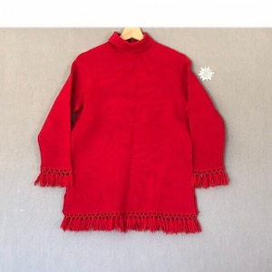 Vintage 1970s Knit Wool Sweater Fringe Mock Neck Red Long Sleeve Pullover Bright Red Knit Wool Pullover Sweater Womens Size Small S M Medium