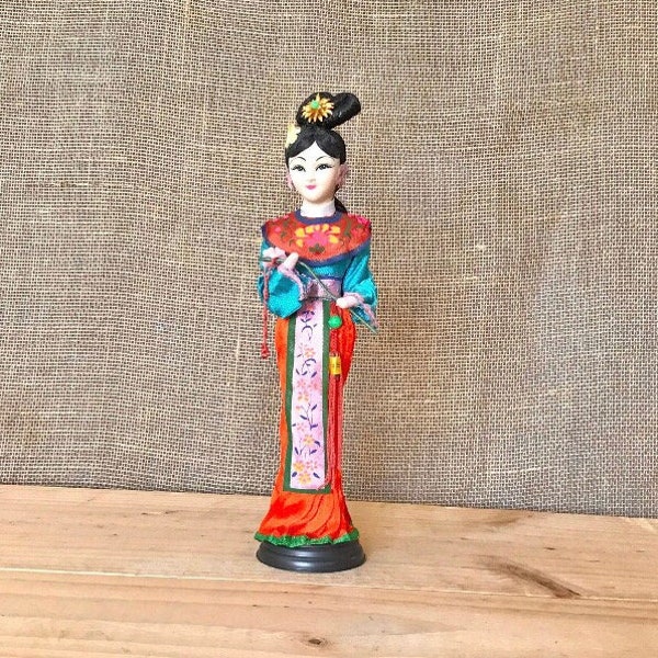 Tall Chinese Doll Art Doll Oriental Traditional Kimono Black Hair dress Gold Red Gift for Her China Asian Asia Orange Pink Qing Dynasty