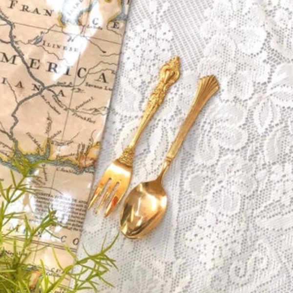 Set of 2 Gold Plated Spoon and Fork Silverware Aesthetic Ornate Princess Cake Birthday Gift For Her Flatware Royal Sealy Collectible French