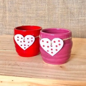 Set of 2 Ceramic Glazed Red and Pink Valentines Day Flower Pot Planter Round Heart Miniature Small Ceramic Pottery Indoor Succulent Flower