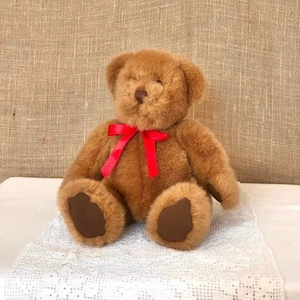 Vintage Build A Bear Teddy Bear with Red Bow Sitting Furry Fluffy Brown Stuffed Animal Cute Adorable Plushie Plush Toy Collectible Gift