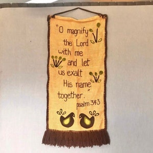 Burlap Bible Verse Wall Hanging O Magnify the Lord with me Decorative Sign Olive Embroidered Psalm 34:3 Scripture Rustic Living Room Prayer