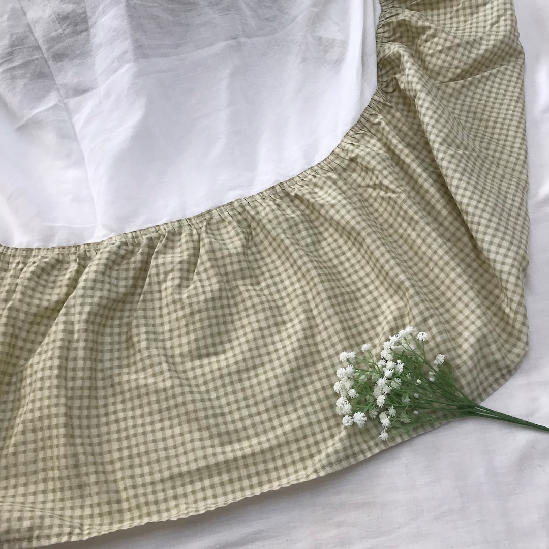 Sage Green Gingham Bed Skirt Bedding Cotton White Country Shabby Chic