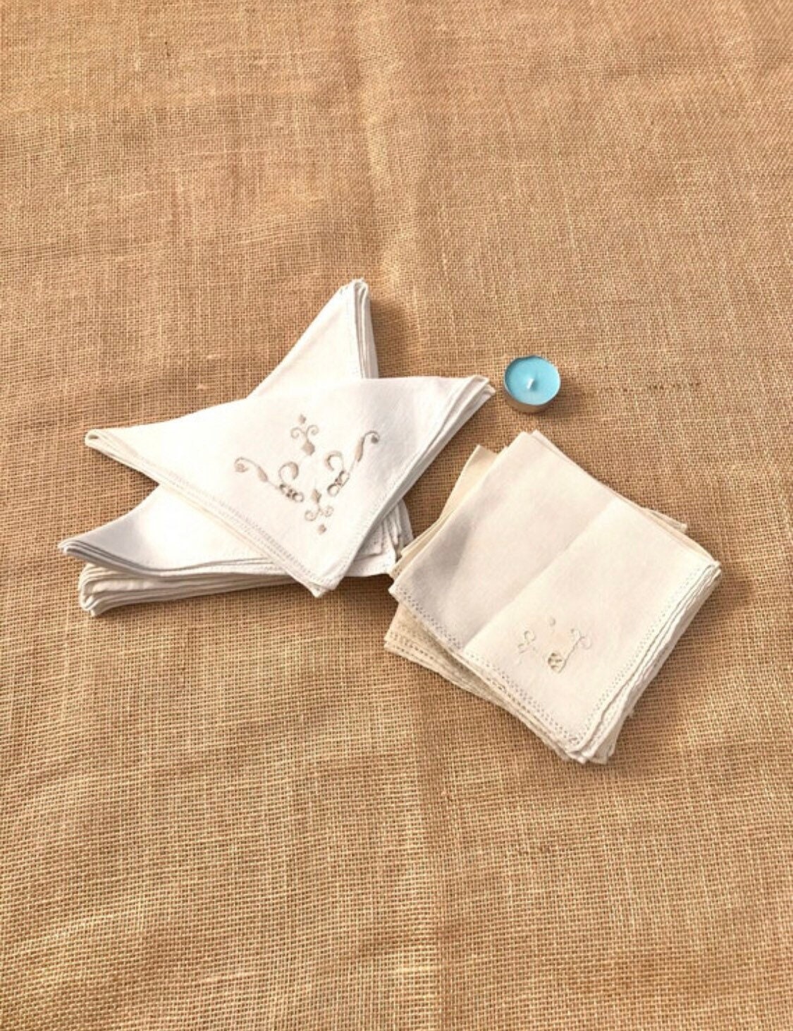 2 Sets Vintage White Cotton Triangle Dinner Napkins Fleur de Lis Embroidered Square Lot Dainty Cottage French Royal British