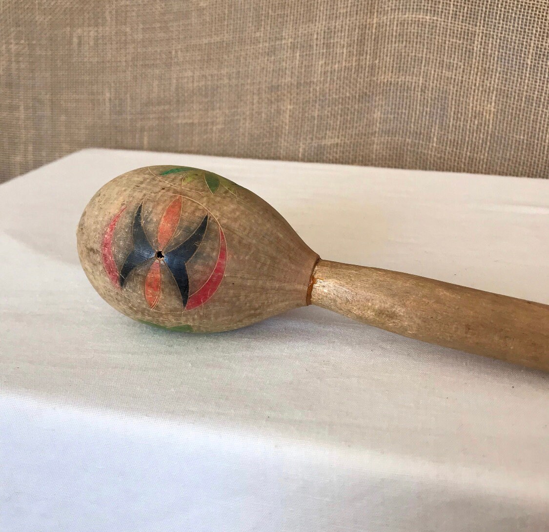 Vintage Wooden Wood Maraca Mexican Hand Painted Carved Rattle Original ...