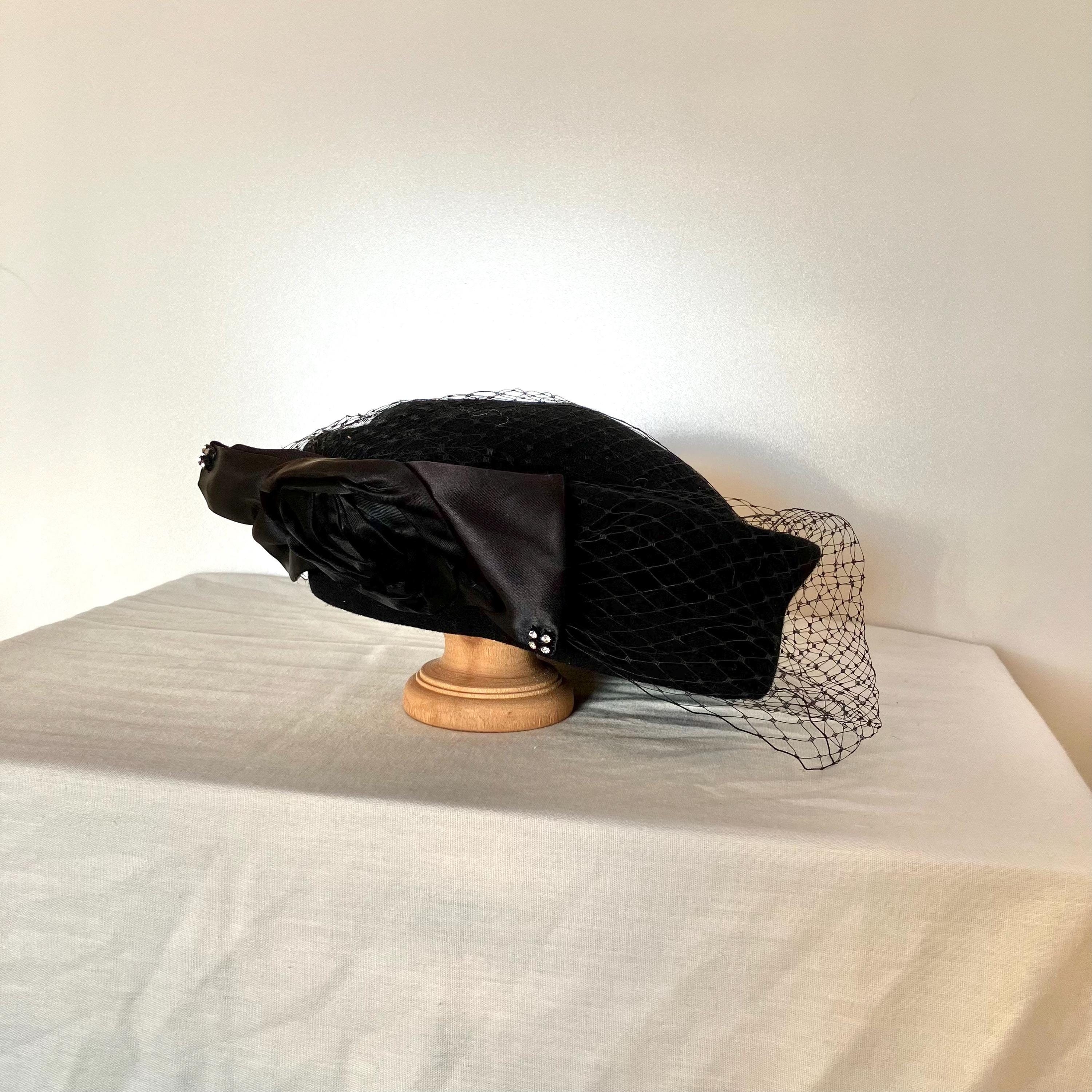 Black Pillbox hat with birdcage fascinator veil black wool felt hat Jackie style funeral hat formal wedding hat 1960s Rhinestone Millinery