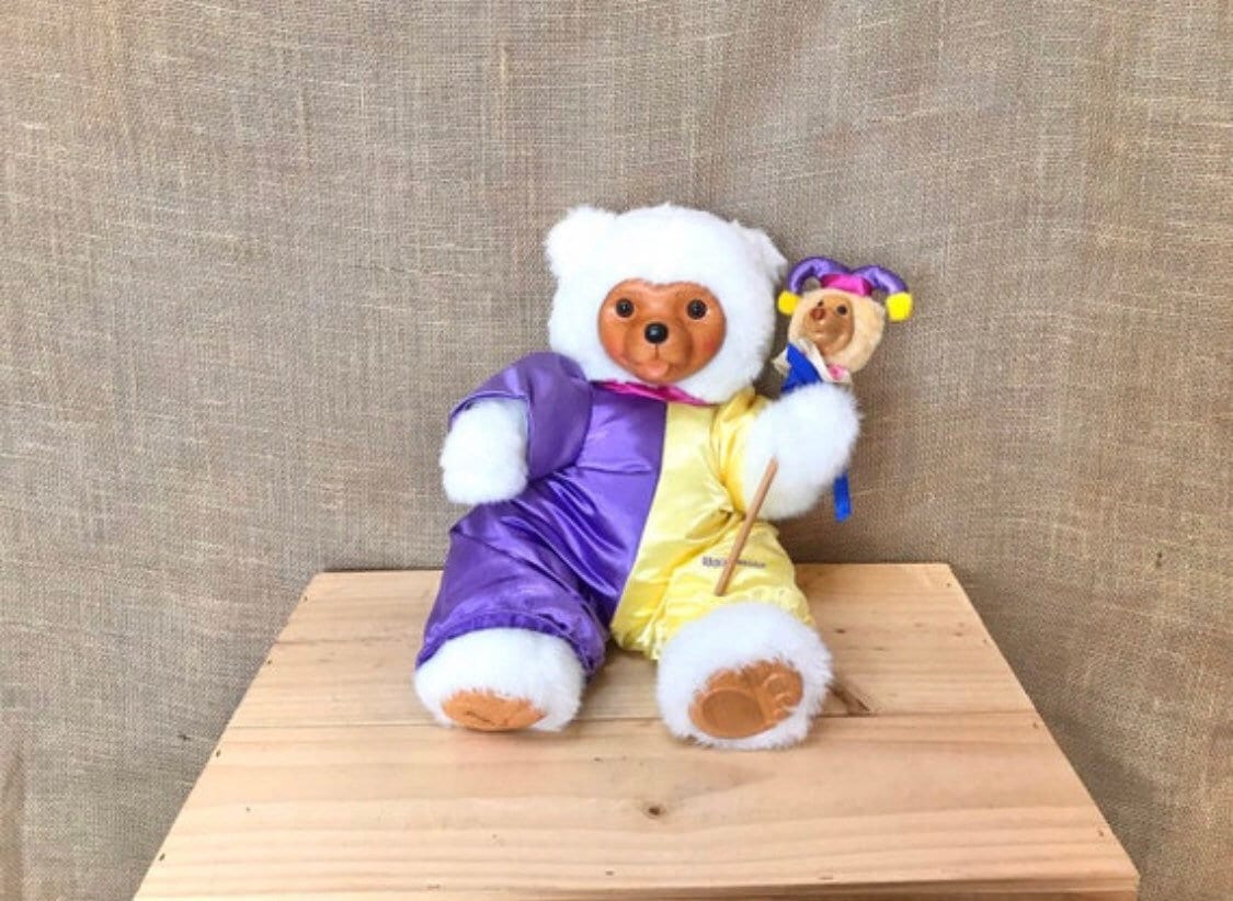 RARE Robert Raikes Jester Teddy Bear Clown With Mini Bear White Wooden