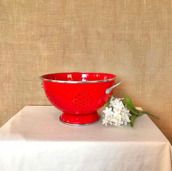 Vintage Enamelware Colander Red Enamel Metal Washing Dish Etsy