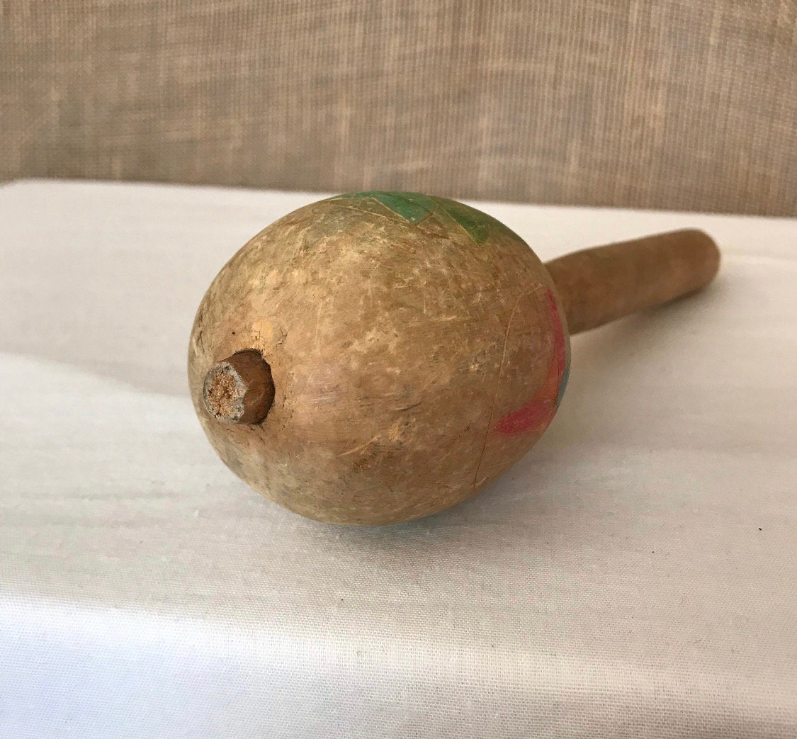Vintage Wooden Wood Maraca Mexican Hand Painted Carved Rattle Original ...