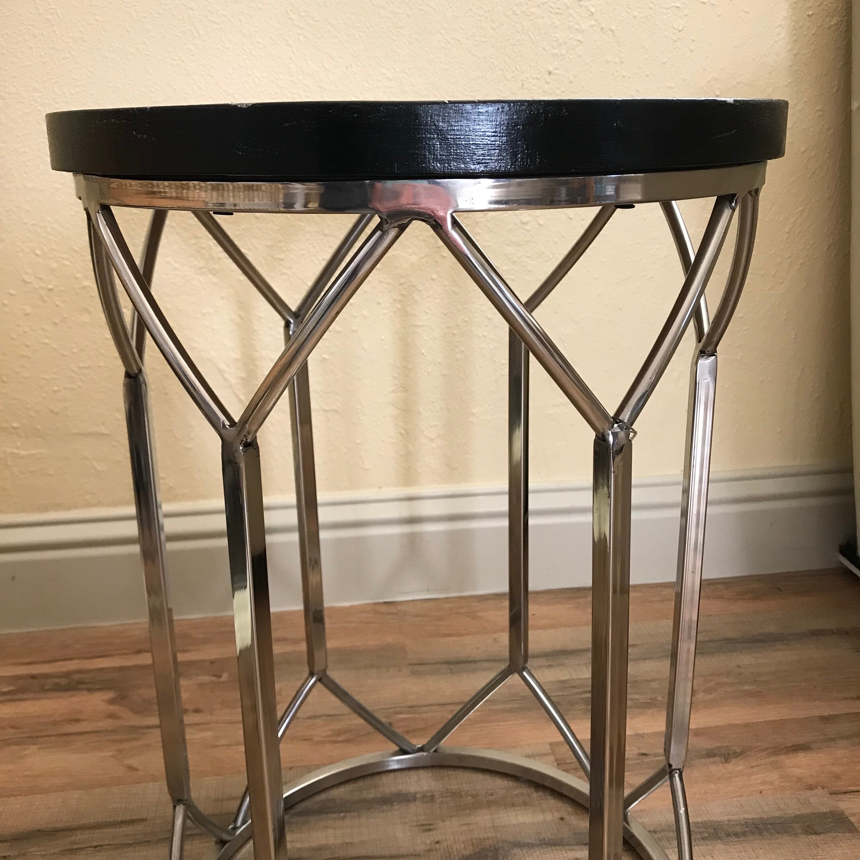 Minimalist Black Solid Wood Top Round Small Side Table Metal Etsy