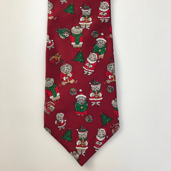 Vintage Christmas Cats Print Silk Neck Tie Holida… - image 3