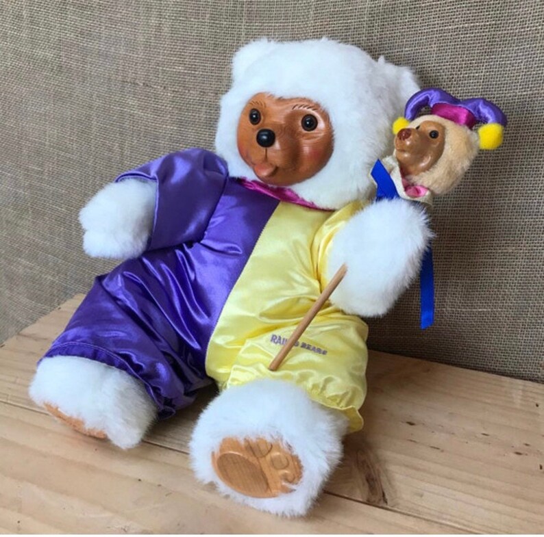 RARE Robert Raikes Jester Teddy Bear Clown With Mini Bear White Wooden