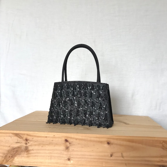 Vintage 1960s Black Beaded Mini Purse Handbag Bag… - image 1