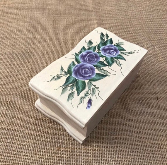 Wooden Jewelry Box with Mirror Painted 3D Flowers… - image 3