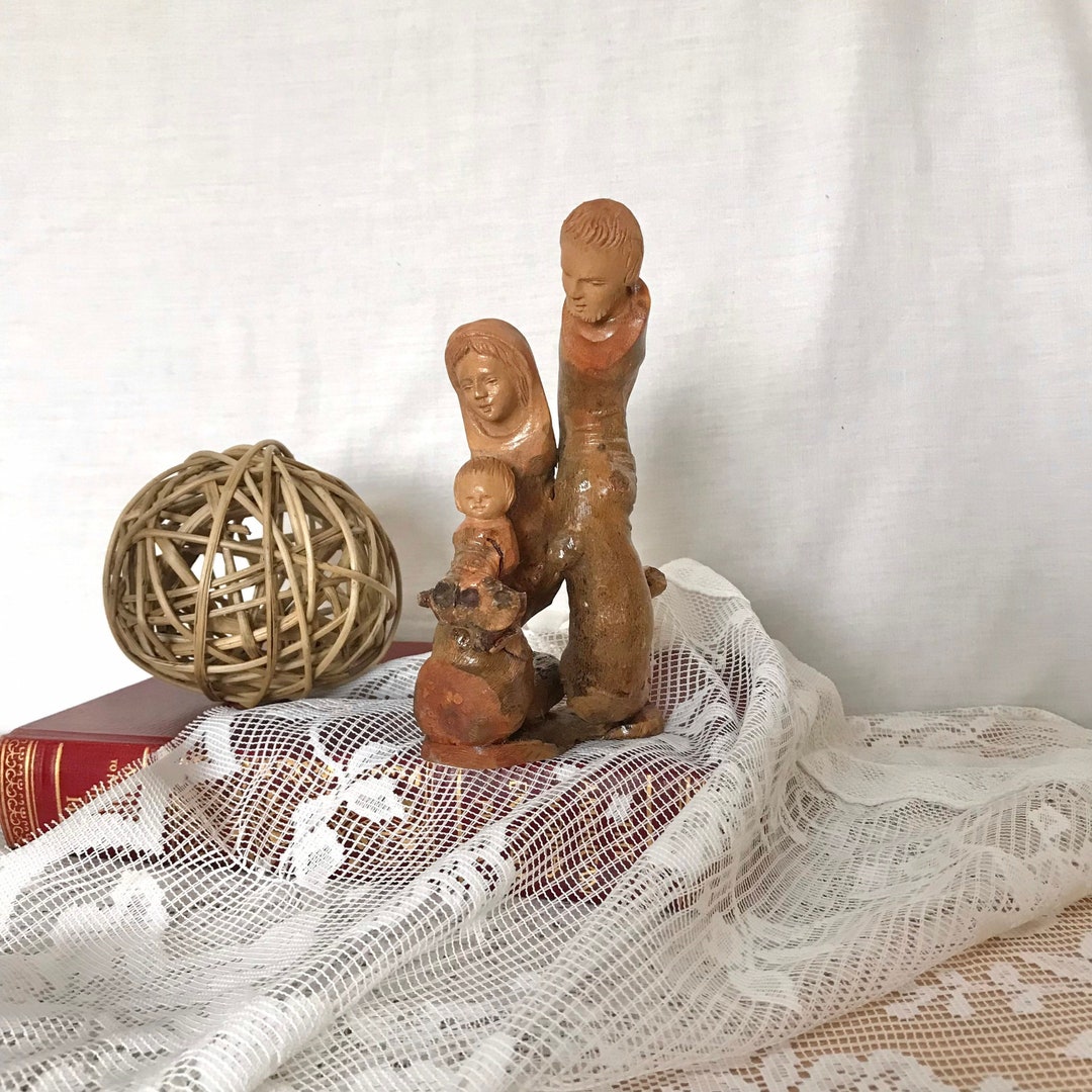 Vintage Hand Carved Mary Joseph and Baby Jesus Twig Branch Wood Carving ...