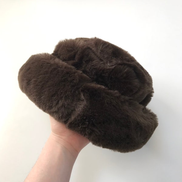 Chic Fluffy Brown Faux Fur Bucket Winter Hat Foldable Winter Wool Fisherman Cap Adult Faux Fur Hat Fuzzy Bucket Hat Slavic Girl Furry