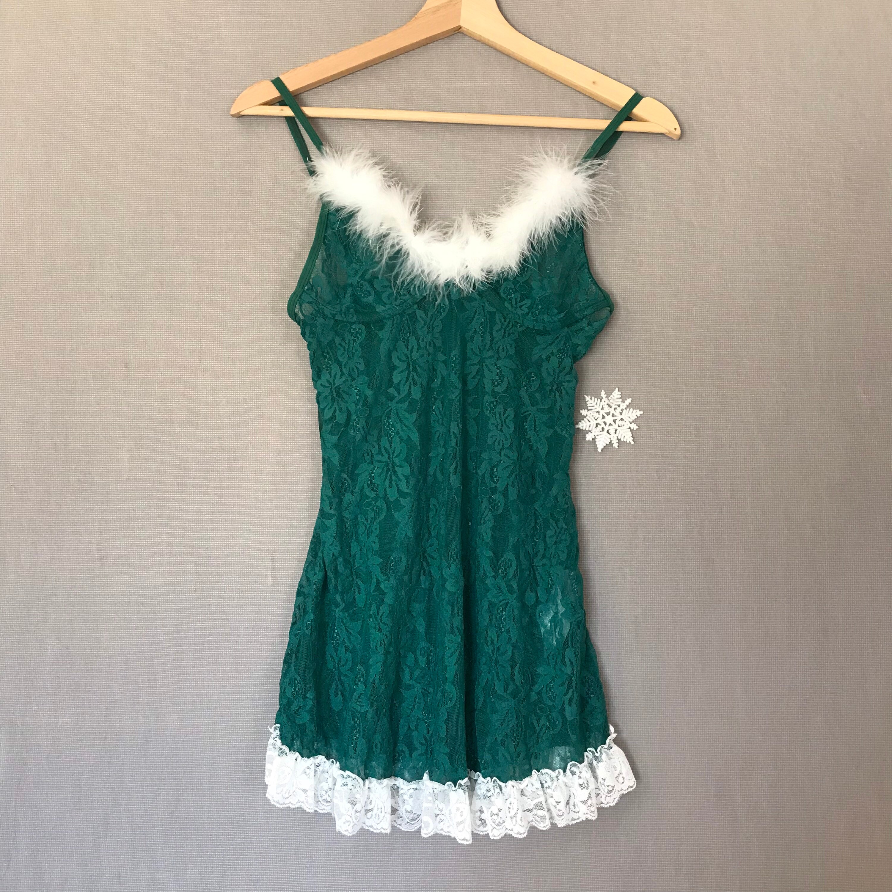 Dark Green Feather Trim Lace See Through Nightie Nightgown Naughty