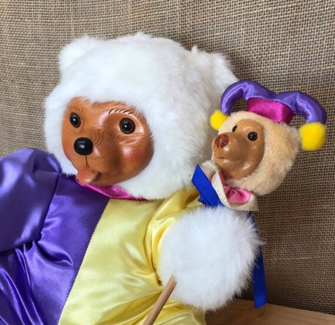 RARE Robert Raikes Jester Teddy Bear Clown With Mini Bear White Wooden