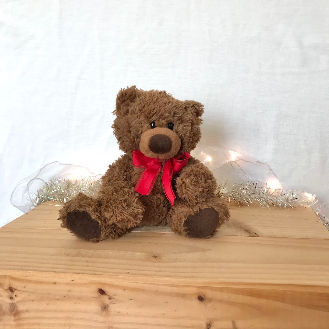 Vintage Fluffy Teddy Bear Brown Red Bow Ribbon Decorative Plush Stuffed ...