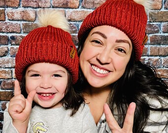 Mama and Mini Matching Knit Beanies: Double Layer Pom Pom Winter Hats