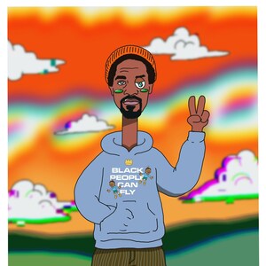 Op de afbeelding: Een cartoonillustratie van een persoon die een blauwe hoodie draagt met de tekst "BLACK PEOPLE CAN FLY" en een kroon boven het woord "BLACK". De persoon draagt een bruin-wit gestreepte broek, witte sokken en bruine sandalen. De persoon staat op een grasveld met een kleurrijke lucht op de achtergrond.