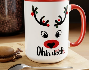 Oh Deer Christmas Coffee Mug, Two-Tone 15oz Holiday Cocoa Mug, Funny Antler With Ornaments Rudolph Mug, Festive Cup Gift