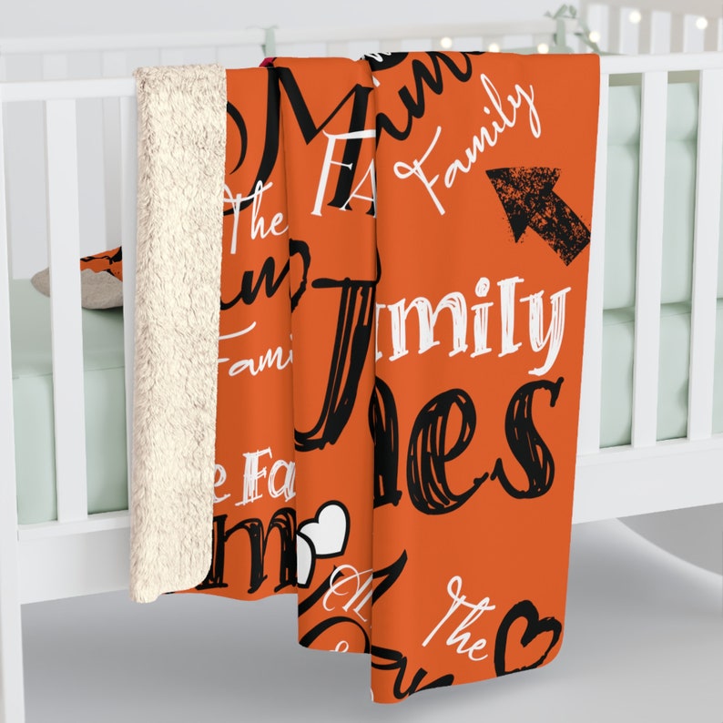 Personalized Throw Blanket Orange Blanket Family Name Sherpa Fleece